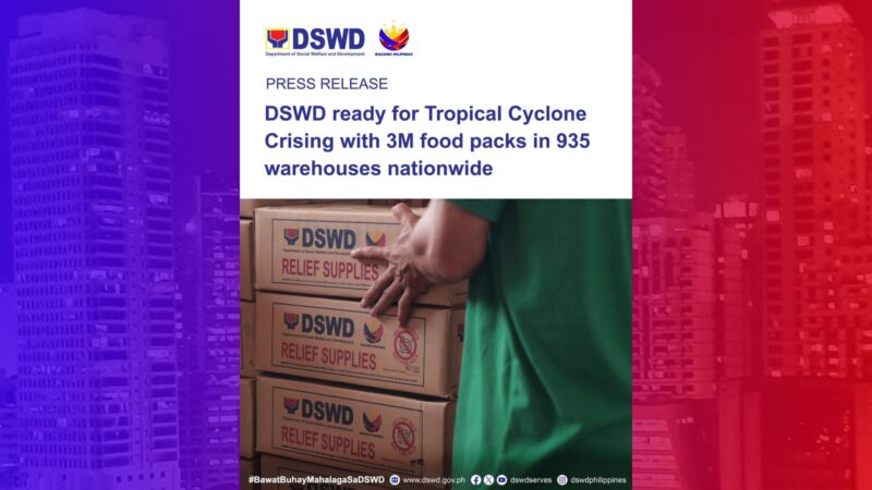 DSWD tiniyak na may sapat na food packs na handing ipamahagi sa mga maaapektuhan ng bagyong Crising