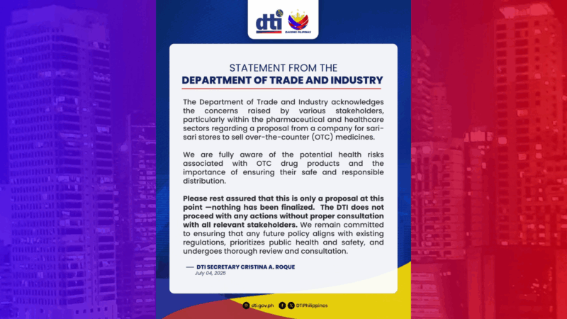 DTI wala pang pasya sa panukalang pagbebenta ng over-the-counter na gamot sa mga Sari-Sari Store