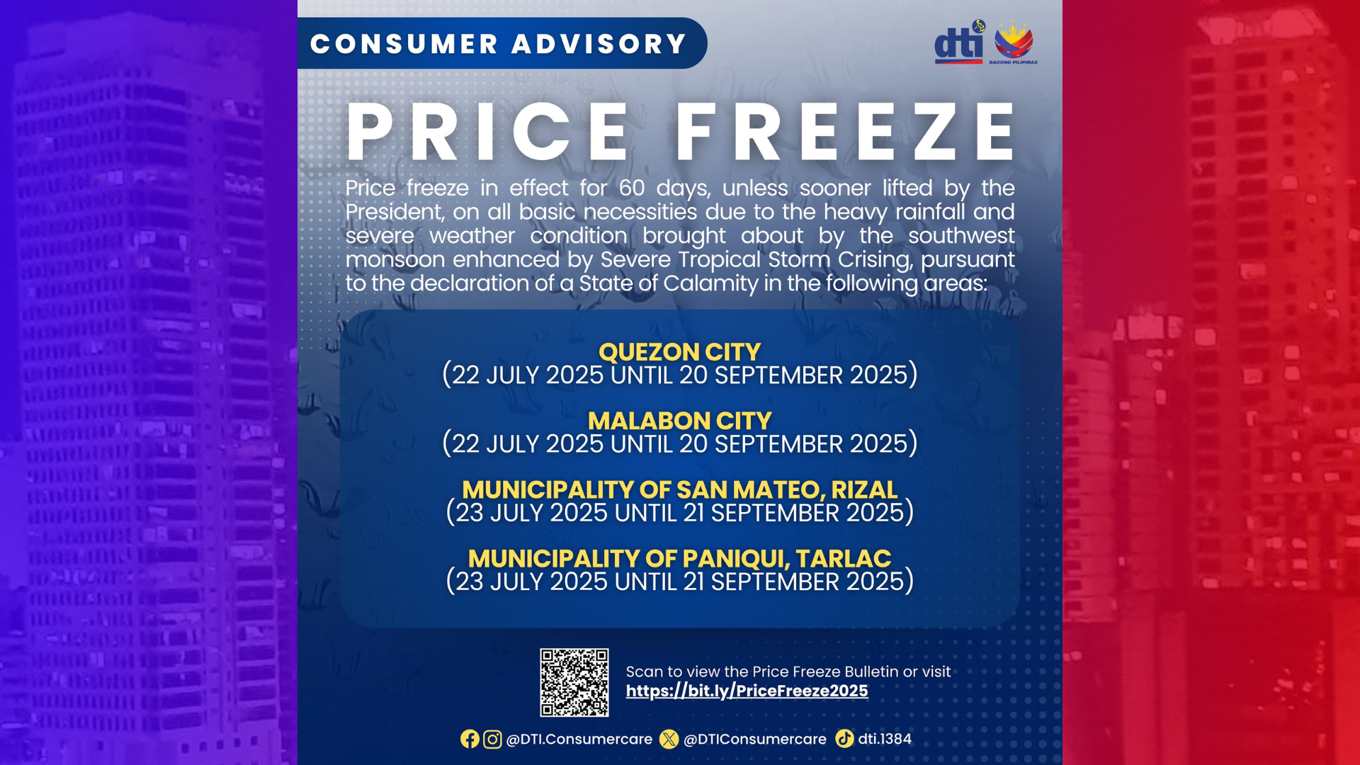DTI nagpaalala sa pag-iral ng prize freeze sa mga lugar na isinailalim sa State of Calamity