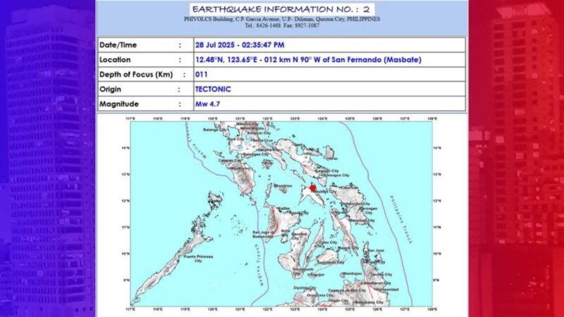 San Fernando, Masbate niyanig ng magnitude 4.7 na lindol