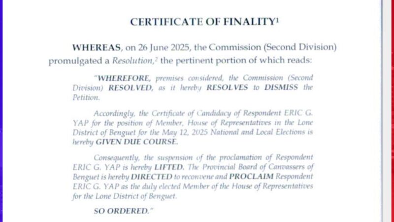 Comelec iniutos ang agarang proklamasyon kay Eric Yap bilang nanalong kongresista sa Benguet