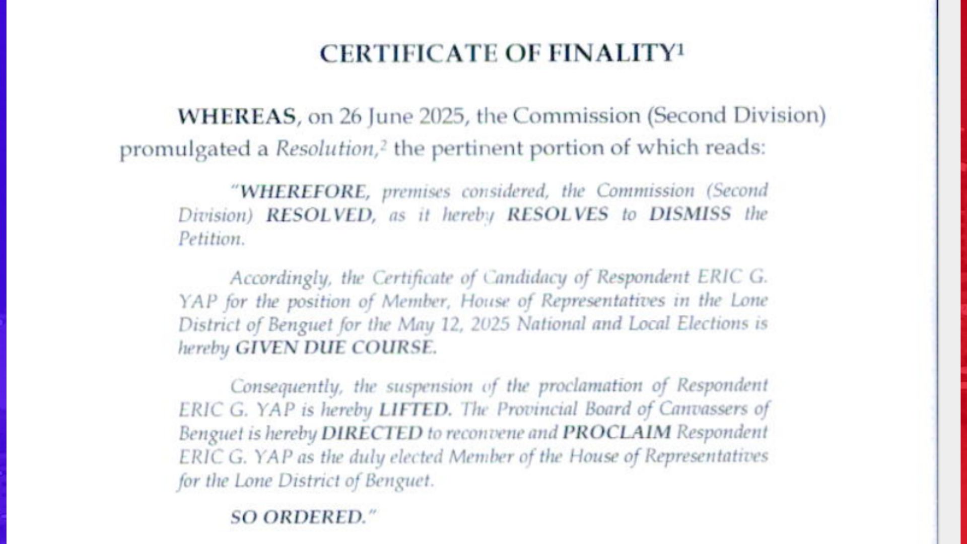 Comelec iniutos ang agarang proklamasyon kay Eric Yap bilang nanalong kongresista sa Benguet