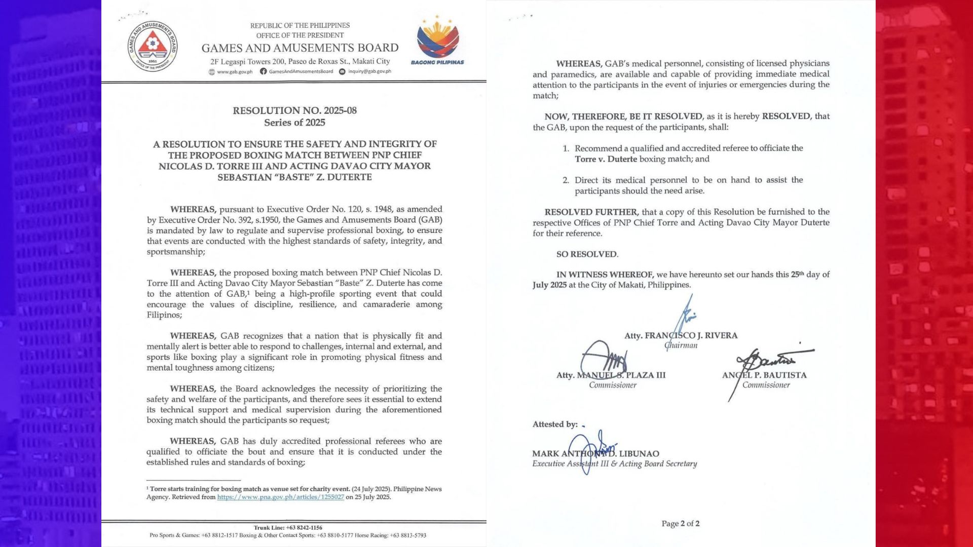 Torre vs Duterte Fight pangangasiwaan ng GAB