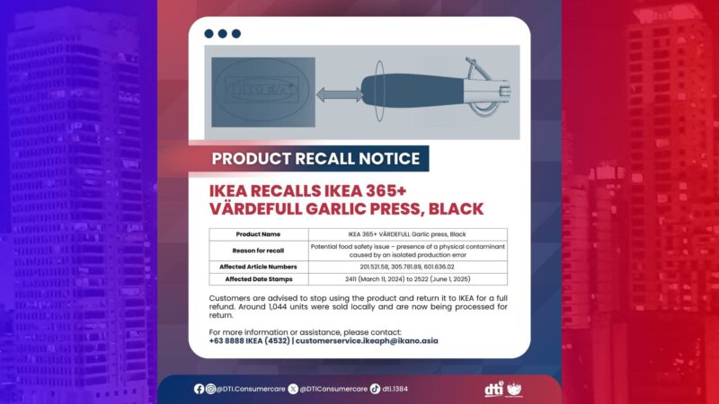 IKEA iniutos ang recall sa produkto nilang “Garlic Press”; maliliit na piraso ng metal maaaring humalo sa pagkain