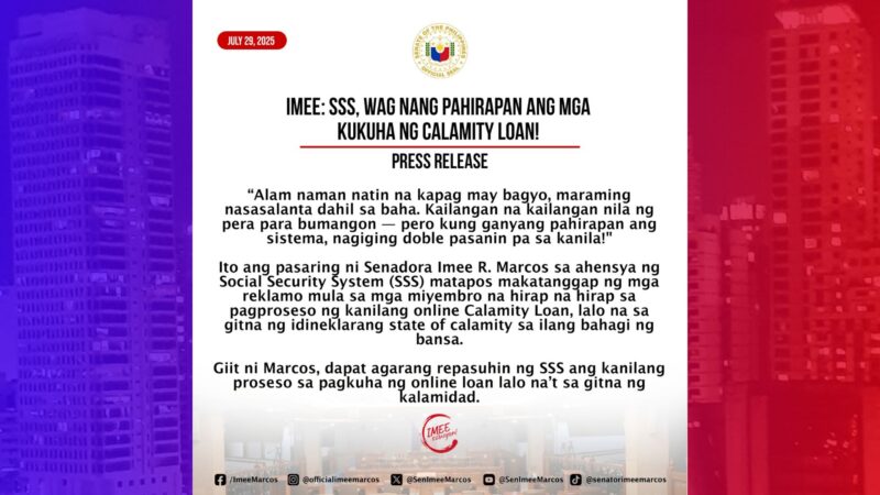 Online process para maka-avail ng Calamity Loan ng SSS binatikos ni Sen. Imee Marcos