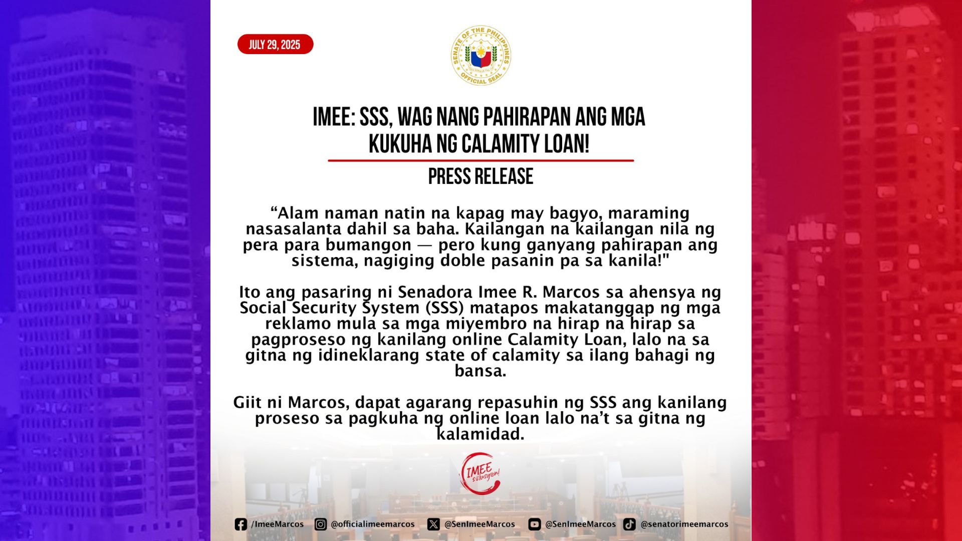Online process para maka-avail ng Calamity Loan ng SSS binatikos ni Sen. Imee Marcos