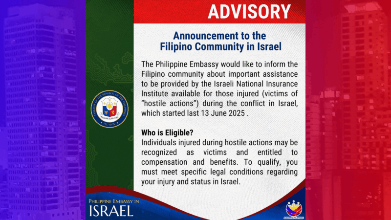 Mga Pinoy na nasaktan sa giyera makatatanggap ng kompensasyon mula sa Israeli Government