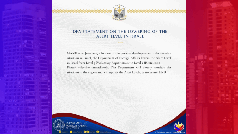 Alert Level sa Israel ibinaba na ng DFA sa Level 2 o Restriction Phase