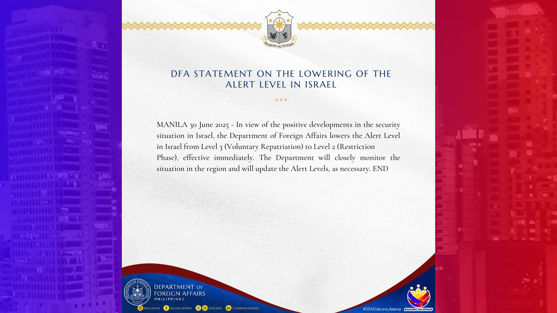 Alert Level sa Israel ibinaba na ng DFA sa Level 2 o Restriction Phase