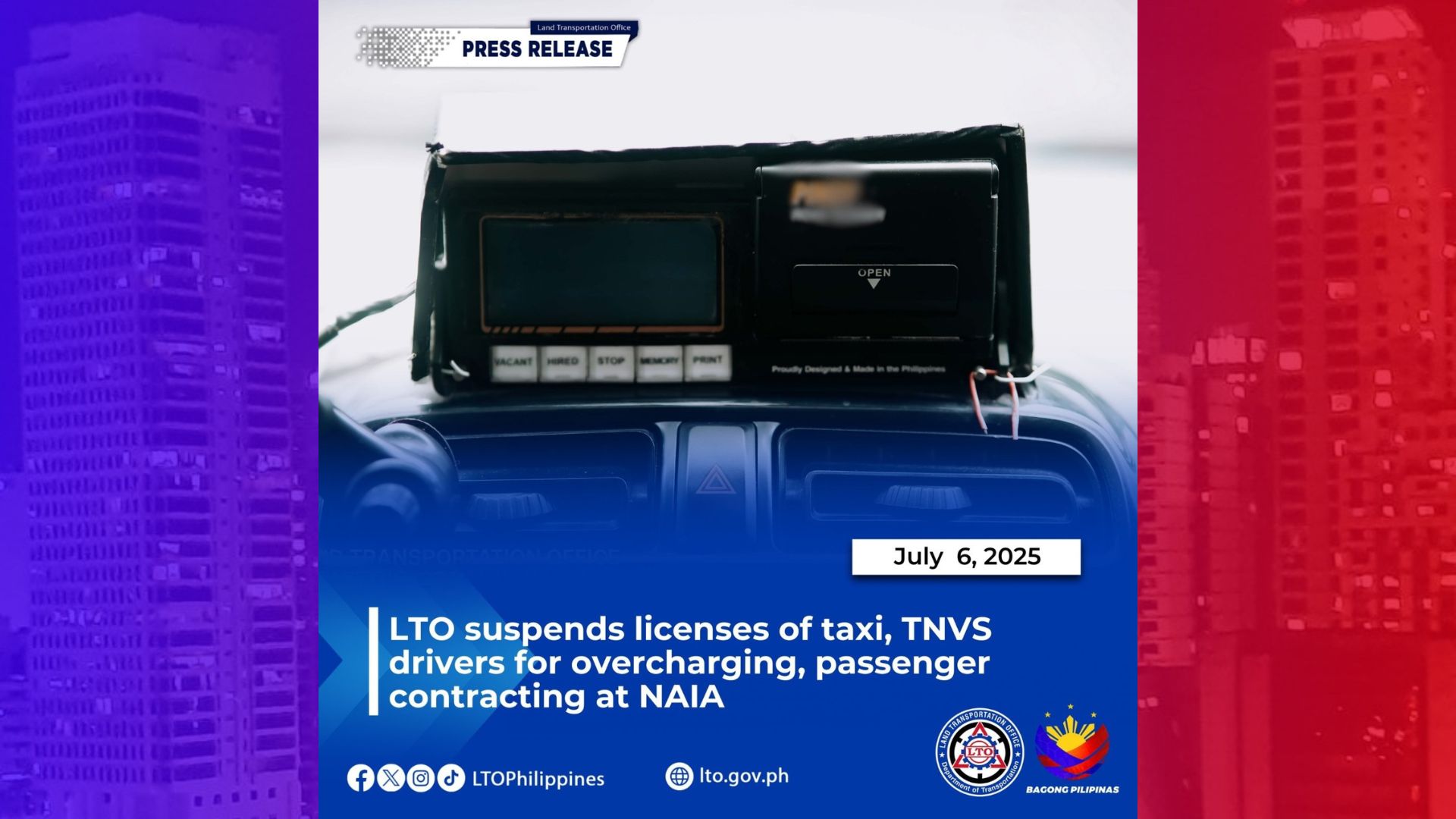 Lisensya ng mga driver ng taxi at TNVs na naniningil ng sobra sa NAIA, sinuspinde ng LTO