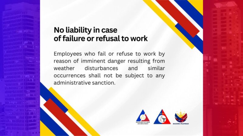 Empleyadong hindi makakapasok sa trabaho dahil sa matinding sama ng panahon, hindi dapat parusahan – DOLE
