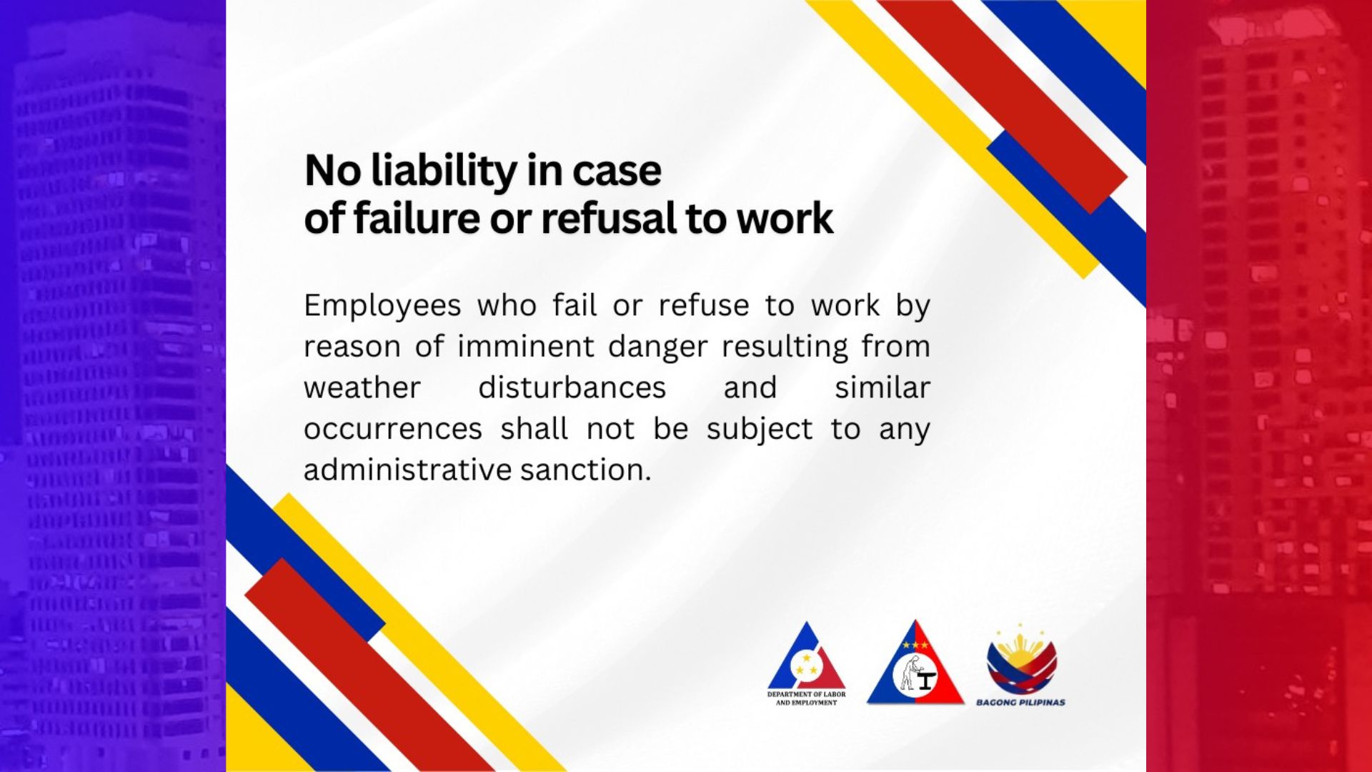 Empleyadong hindi makakapasok sa trabaho dahil sa matinding sama ng panahon, hindi dapat parusahan – DOLE