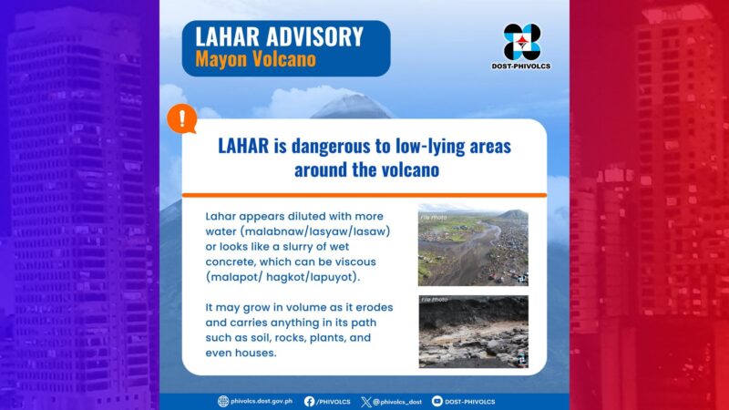 Phivolcs inabisuhan ang ilang lugar sa Albay sa posibleng pag-agos ng lahar mula sa Bulkang Mayon