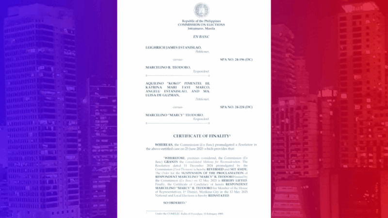 Comelec naglabas ng Certificate of Finality para sa proklamasyon ni Marcy Teodoro sa unang distrito ng Marikina