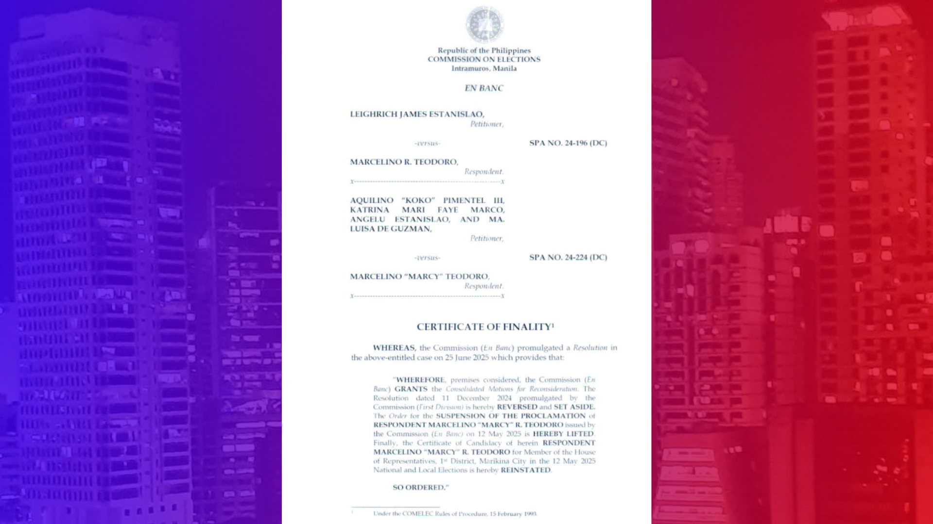 Comelec naglabas ng Certificate of Finality para sa proklamasyon ni Marcy Teodoro sa unang distrito ng Marikina