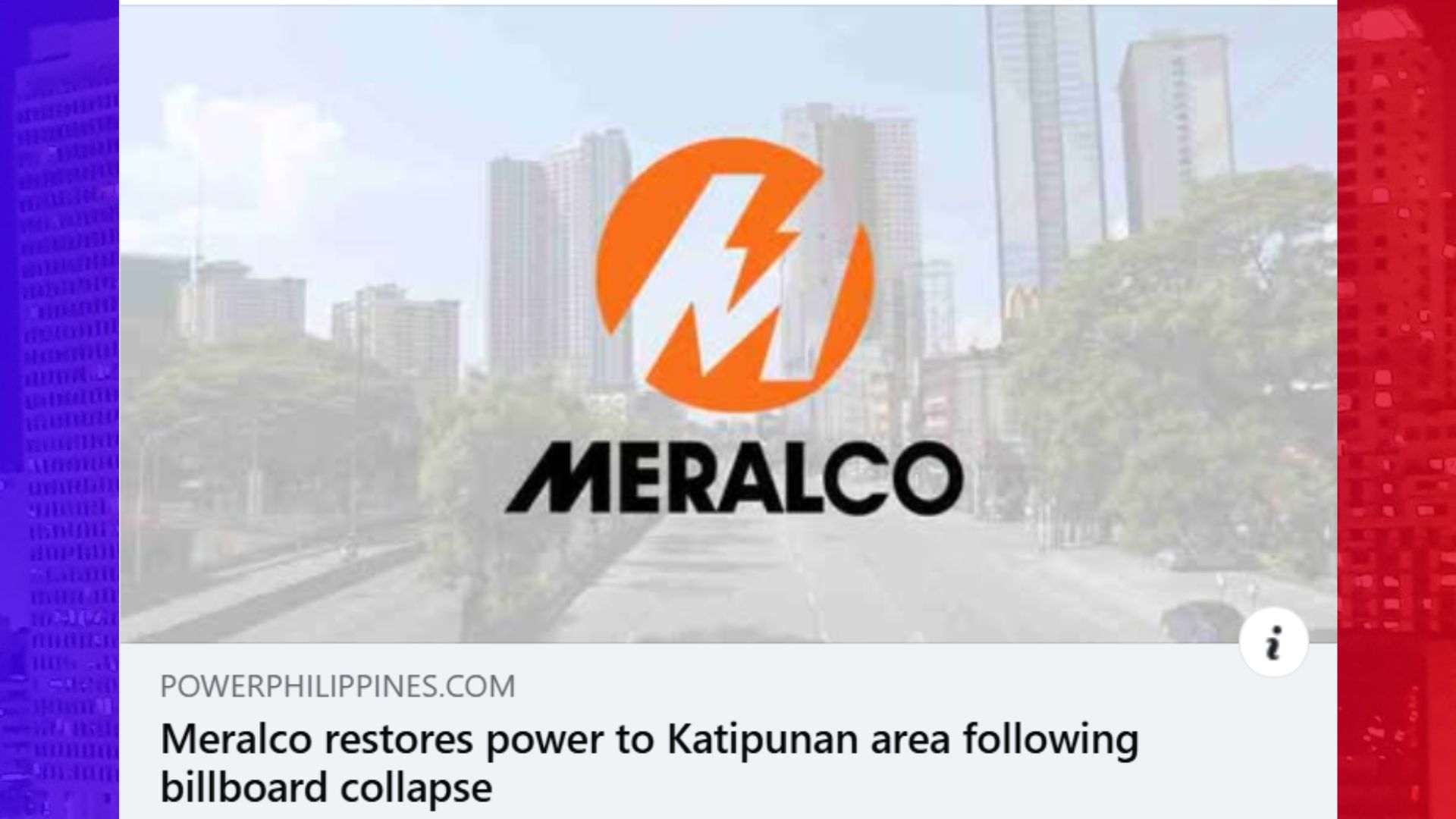 Power supply sa mga customer ng Meralco na naapektuhan ng bumagsak na billboard sa Katipunan, naibalik na