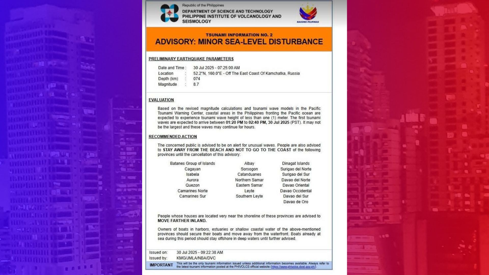 Kasunod ng malakas na lindol sa Russia, publiko pinaiiwas ng Phivolcs sa pananatili sa tabing-dagat