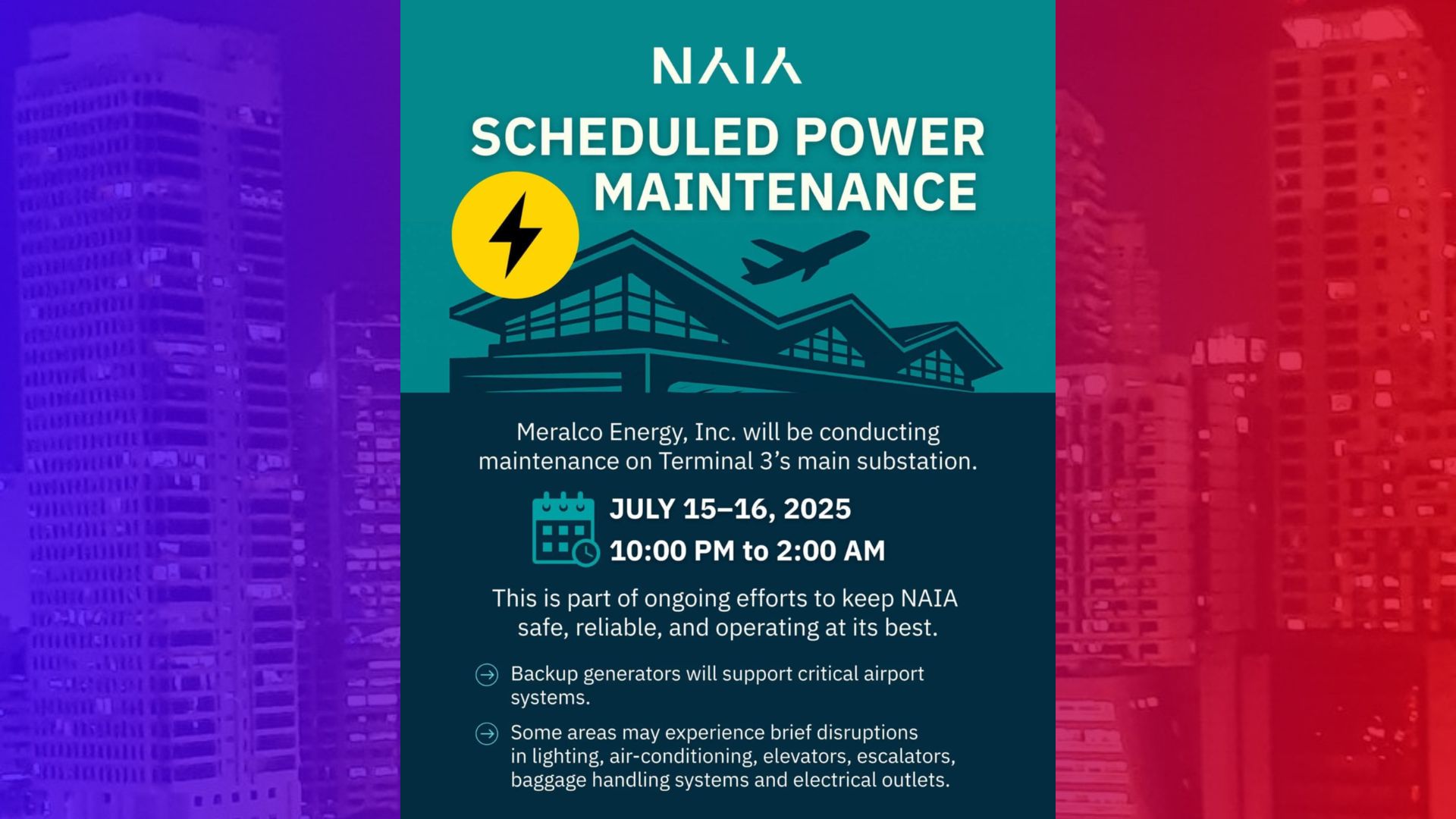Meralco magsasagawa ng maintenance sa NAIA; power disruptions mararanasan sa T3