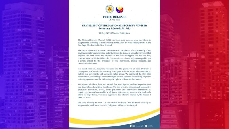 Tangkang pagharang ng China na maipalabas sa New Zaland and documentary na tumatalakay sa West PH Sea kinondena ng NSC