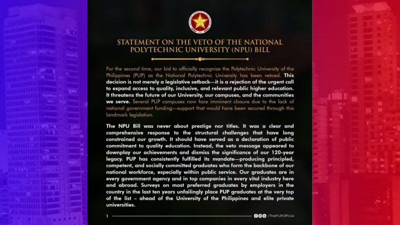 Kasunod ng pag-veto ni Pang. Marcos sa NUP Bill, ilang PUP campuses nanganganib nang magsara
