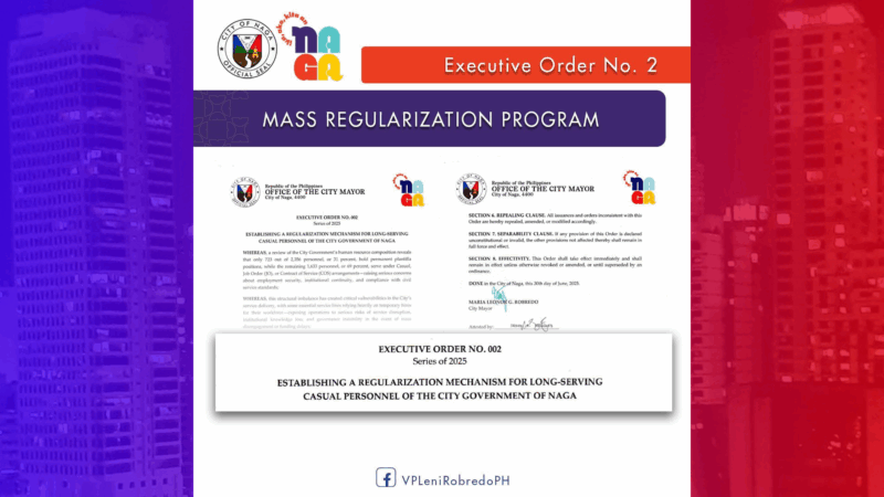 EO na magpapatupad ng mass regularization sa matatagal nang nagtatrabaho sa Naga City Hall nilagdaan ni Mayor Leni Robredo