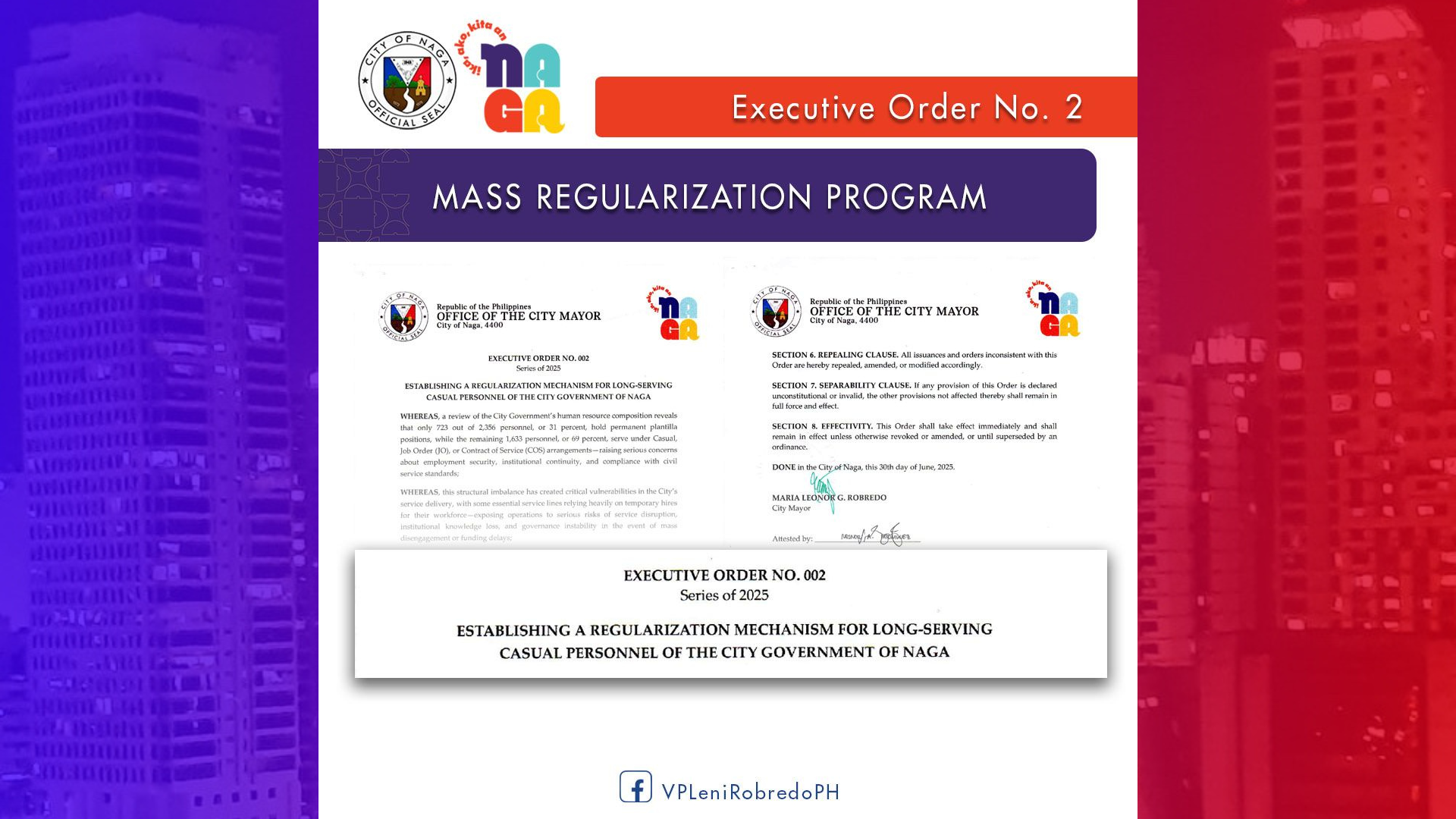 EO na magpapatupad ng mass regularization sa matatagal nang nagtatrabaho sa Naga City Hall nilagdaan ni Mayor Leni Robredo