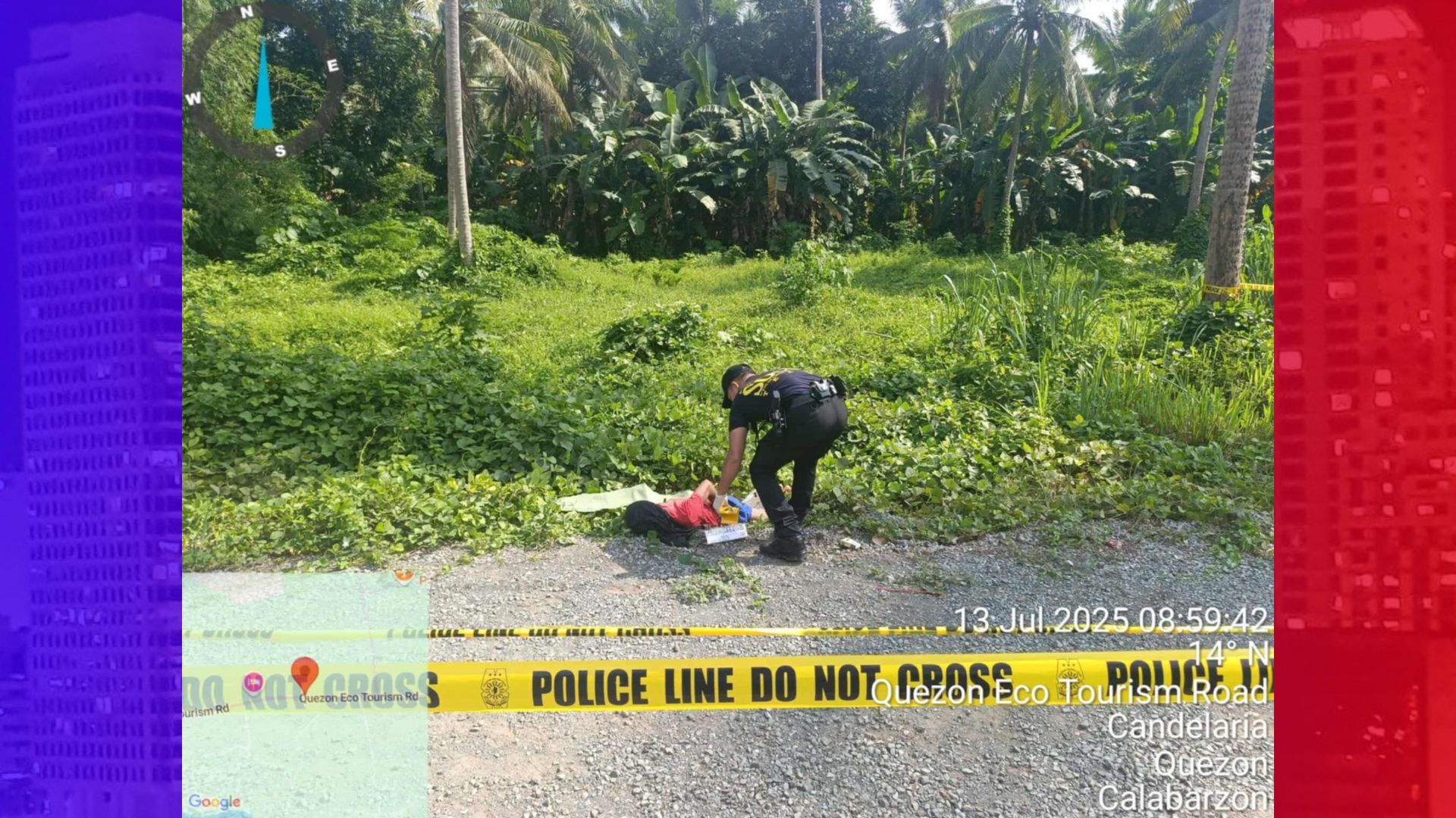 Nakagapos na bangkay ng lalaki natagpuan sa Eco Tourism Road sa Sariaya, Quezon