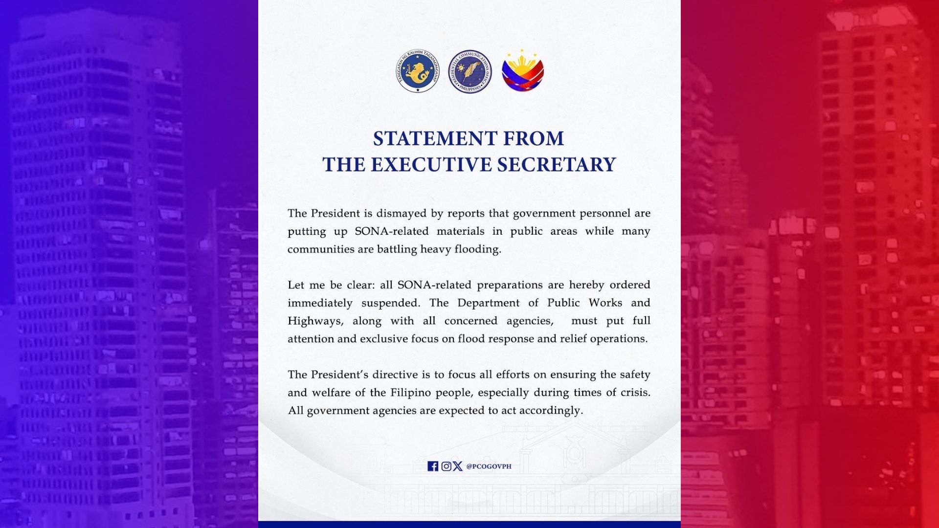 Pang. Marcos iniutos ang suspensyon ng lahat ng SONA-related activities; mga ahensya pinatututok sa disaster response