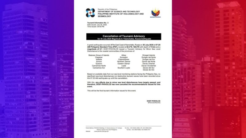 Tsunami Advisory ng Phivolcs sa baybaying dagat ng bansa, kanselado na