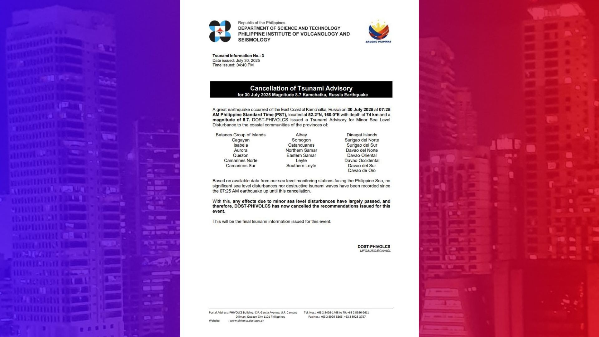 Tsunami Advisory ng Phivolcs sa baybaying dagat ng bansa, kanselado na