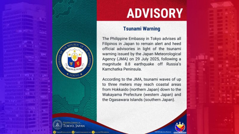 Mga Pinoy sa Japan pinaiiwas sa tabing-dagat; mga nakatira malapit sa coastlines pinalilikas muna sa mas mataas na lugar