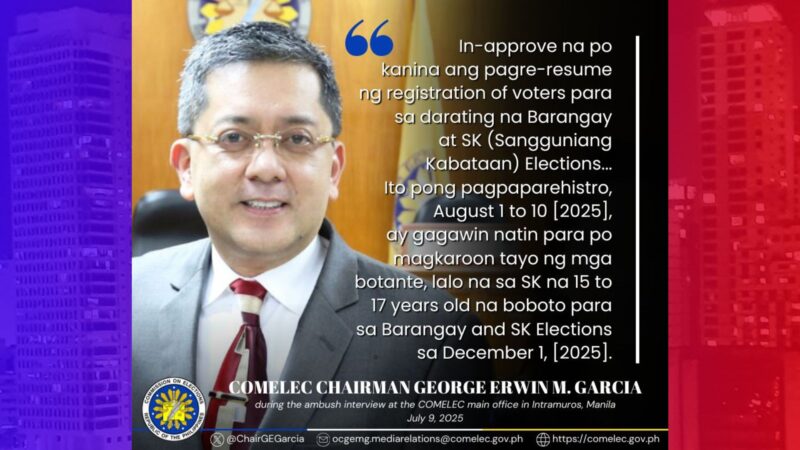 Voters’ Registration para sa Barangay and SK Elections itinakda ng Comelec mula Aug. 1 hanggang 10