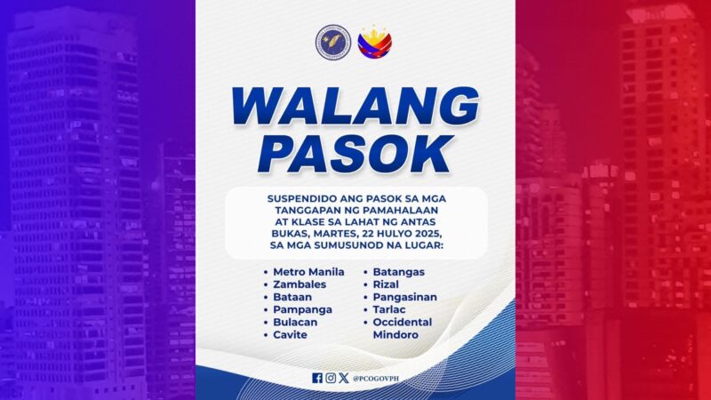 Klase at trabaho sa gobyerno sa Metro Manila, 10 lalawigan sa Luzon sinuspinde ng Malakanyang