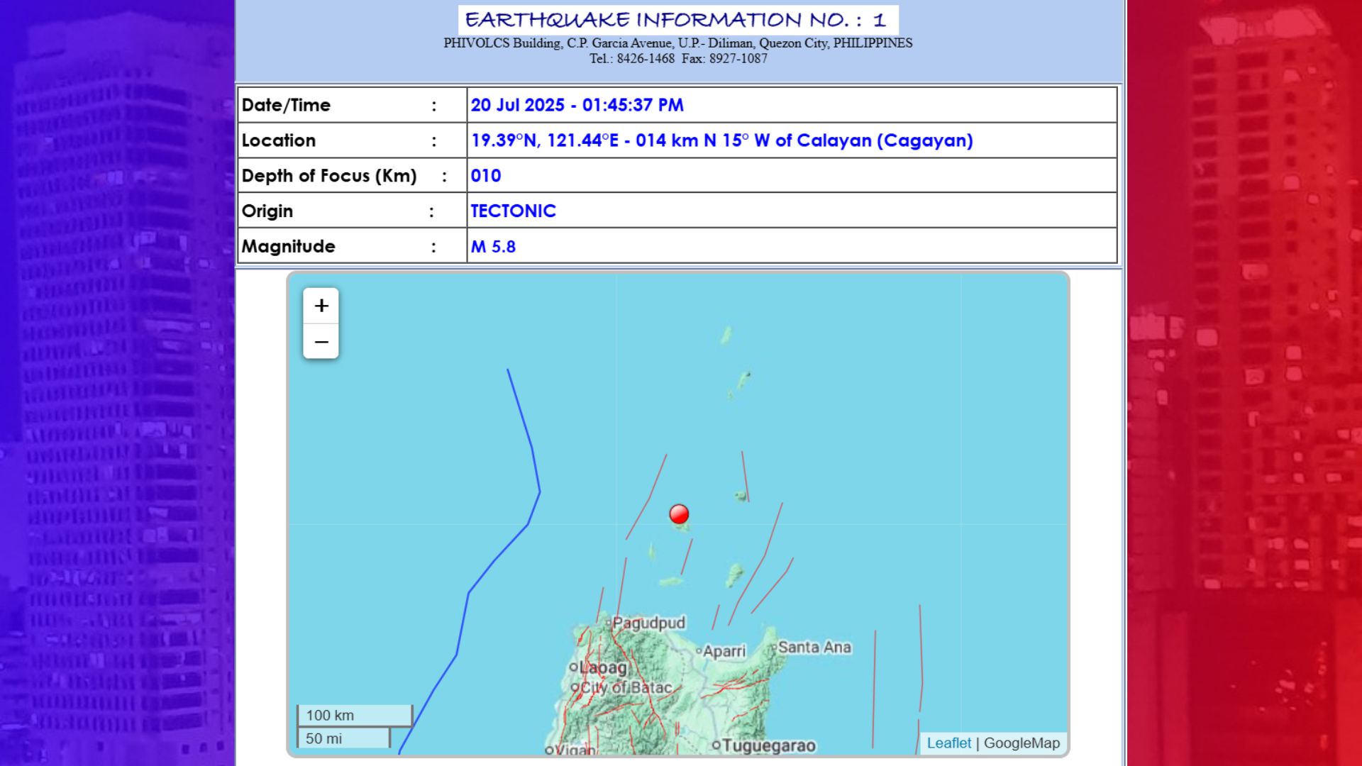 Calayan, Cagayan niyanig ng magnitude 5.8 na lindol