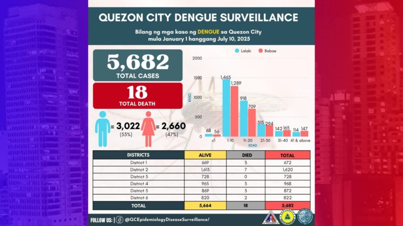 Kaso ng dengue sa QC nadagdagan ng 150 sa nakalipas 1 linggo