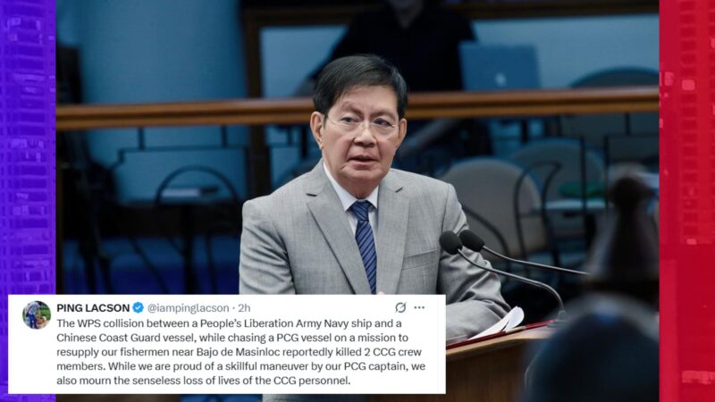 2 crew ng China Coast Guard nasawi matapos ang banggaan sa Bajo de Masinloc ayon kay Senator Lacson