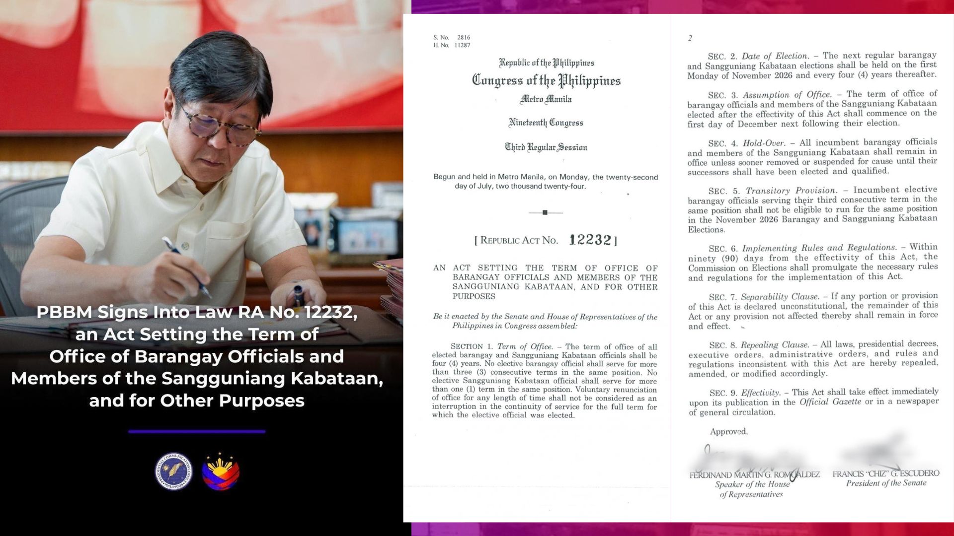 Batas na nagpapaliban sa Barangay at SK elections pormal nang nilagdaan ni Pang. Marcos