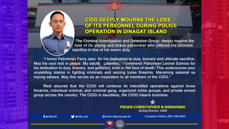 CIDG nagpaabot ng pakikiramay sa pamilya ng pulis na nasawi habang ginagampanan ang tungkulin