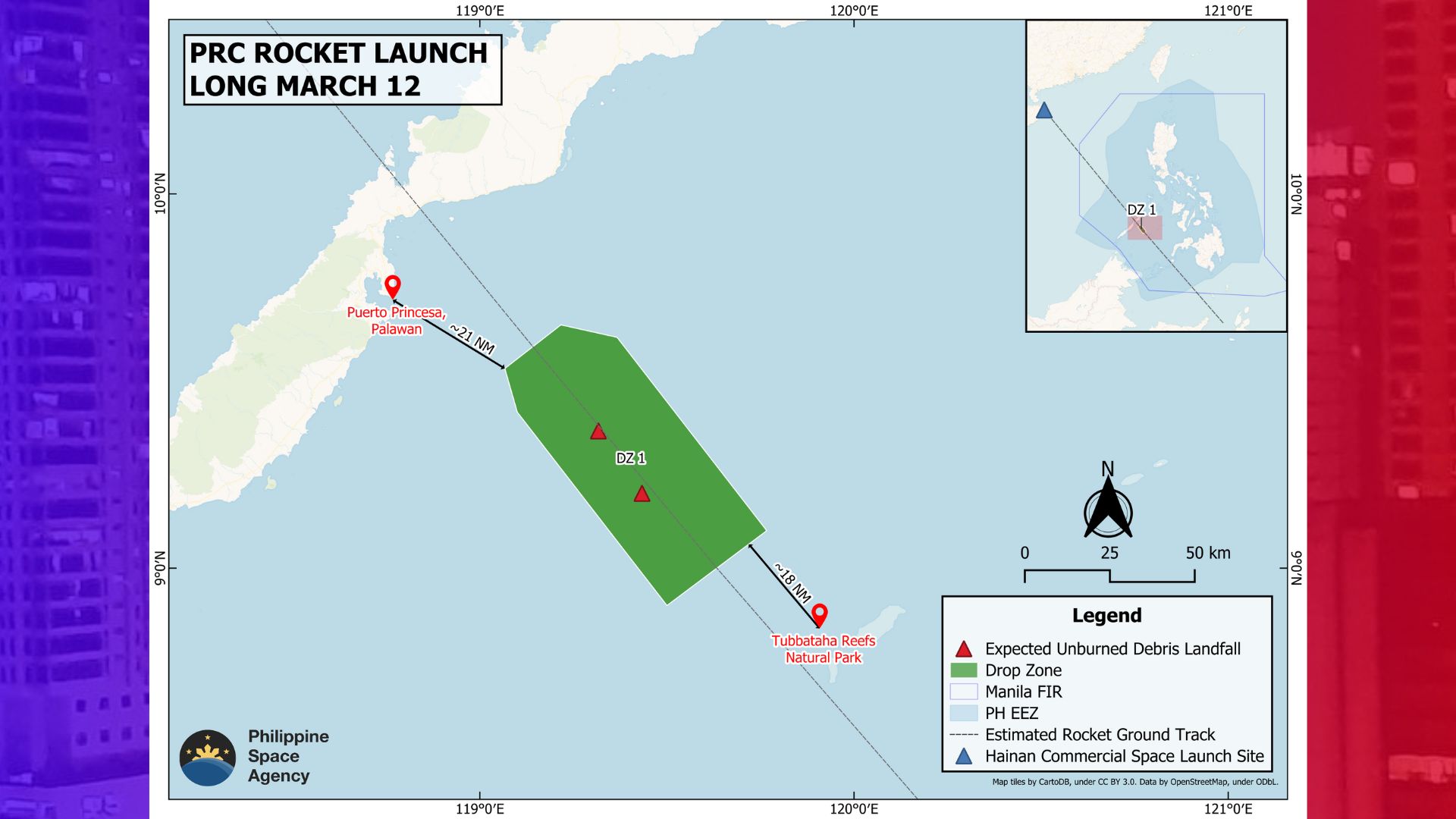 PhilSa kinumpirmang natuloy ang rocket launch ng China; publiko sa Puerto Princesa at sa bahagi ng Tubbataha Reef Natural Park pinag-iingat sa debris