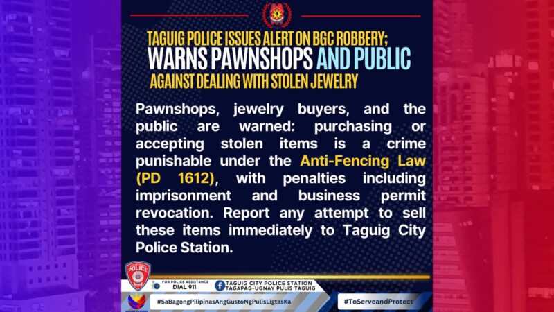 Mga suspek na tumangay sa mga alahas ng isang Chinese sa BGC tinutugis ng pulisya