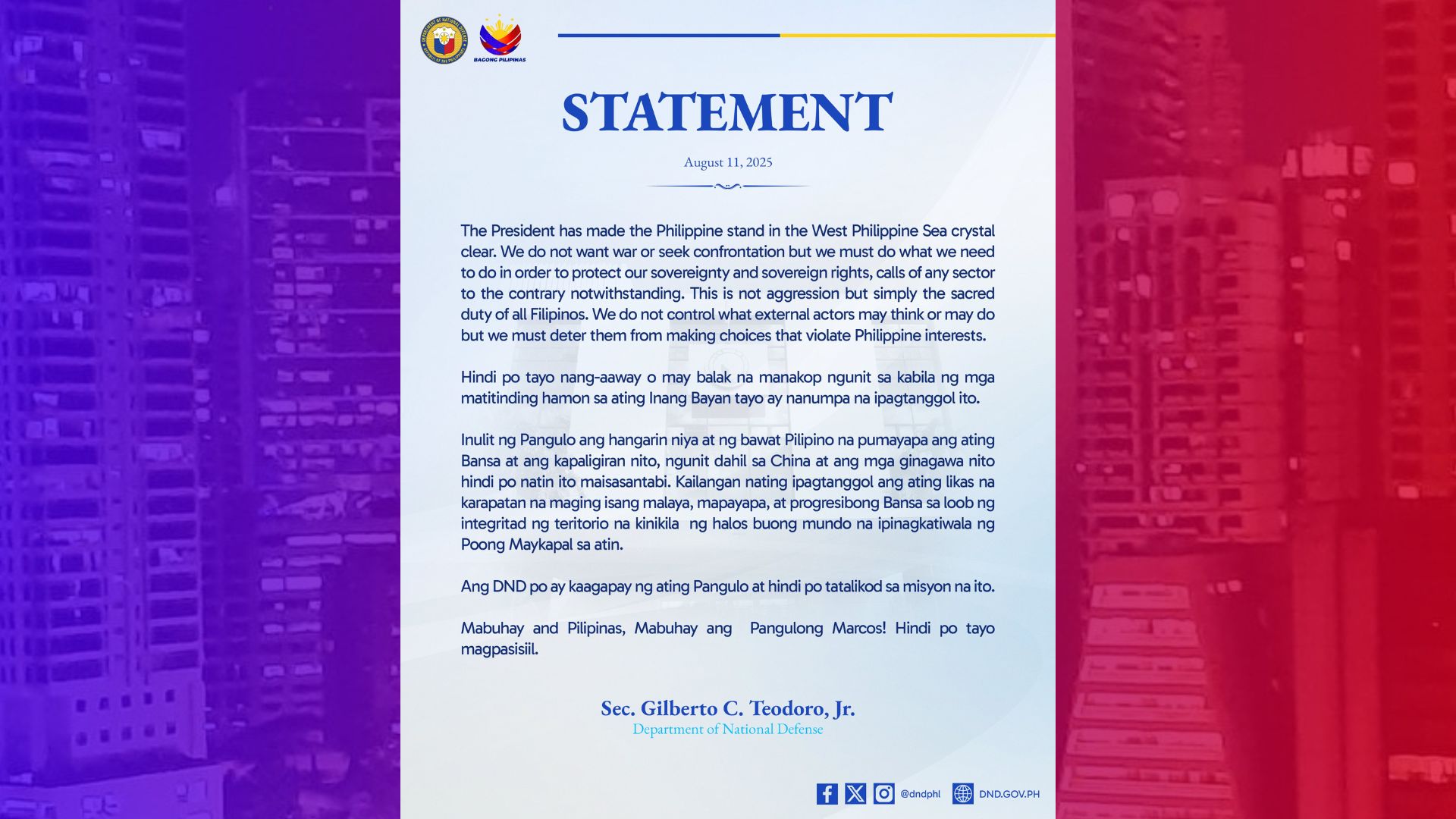 DND sinigurong hindi tatalikod sa misyon na protektahan ang teritoryo ng bansa