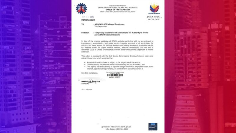 DPWH sinuspinde ang pag-iisyu ng travel authority sa lahat ng kanilang opisyal at mga empleyado