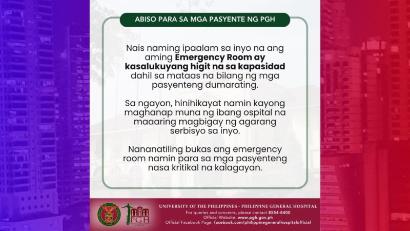 ER ng PGH punuan na; mga pasyente pinayuhang magpunta muna sa ibang ospital