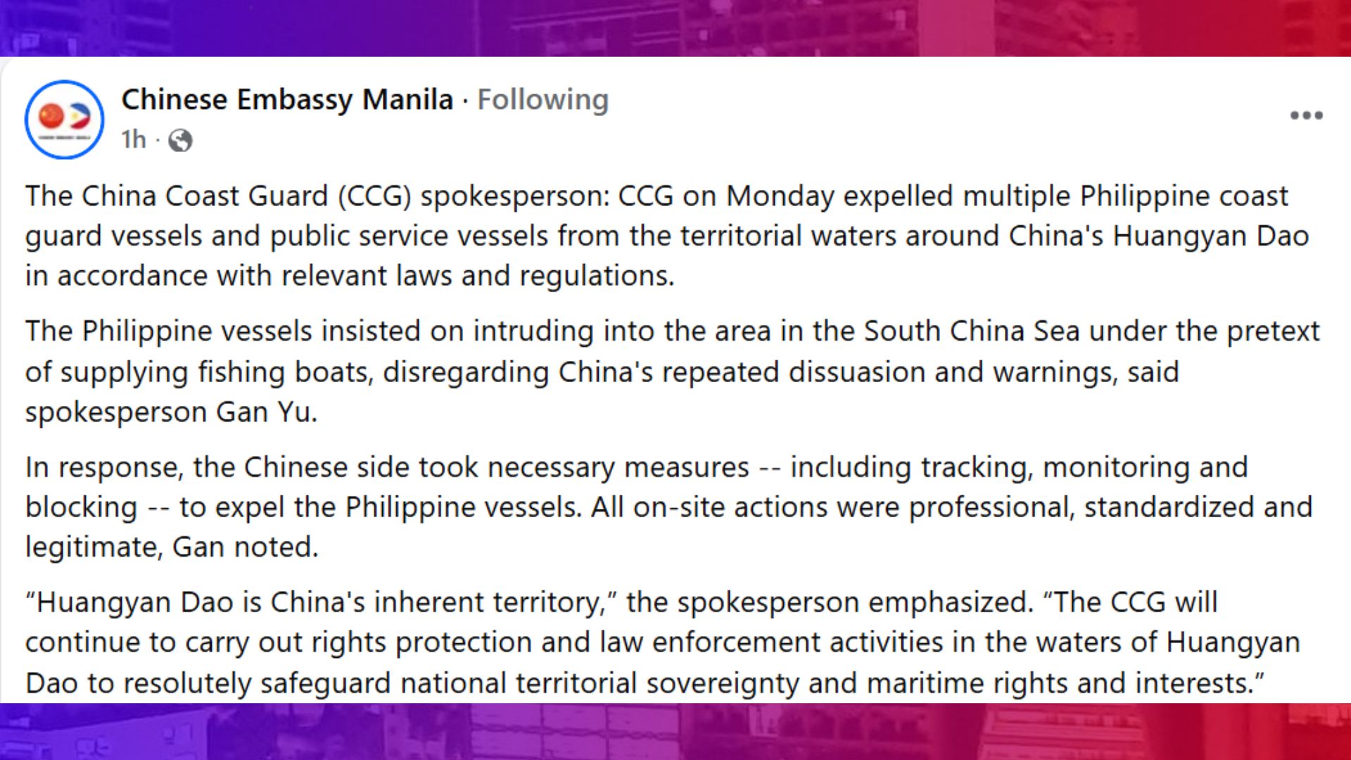 China iginiit na naitaboy nila ang maraming barko ng Pinas