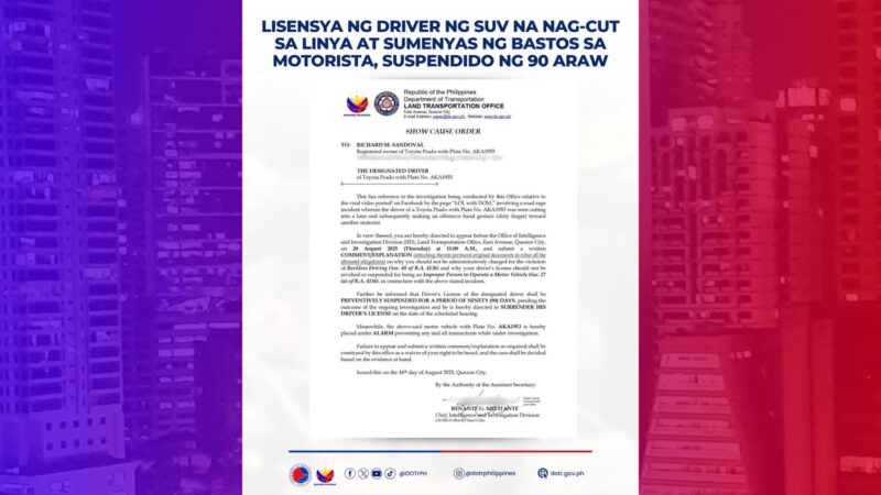 Lisensya ng driver na nag-dirty finger sa siningitang motorista, sinuspinde ng LTO