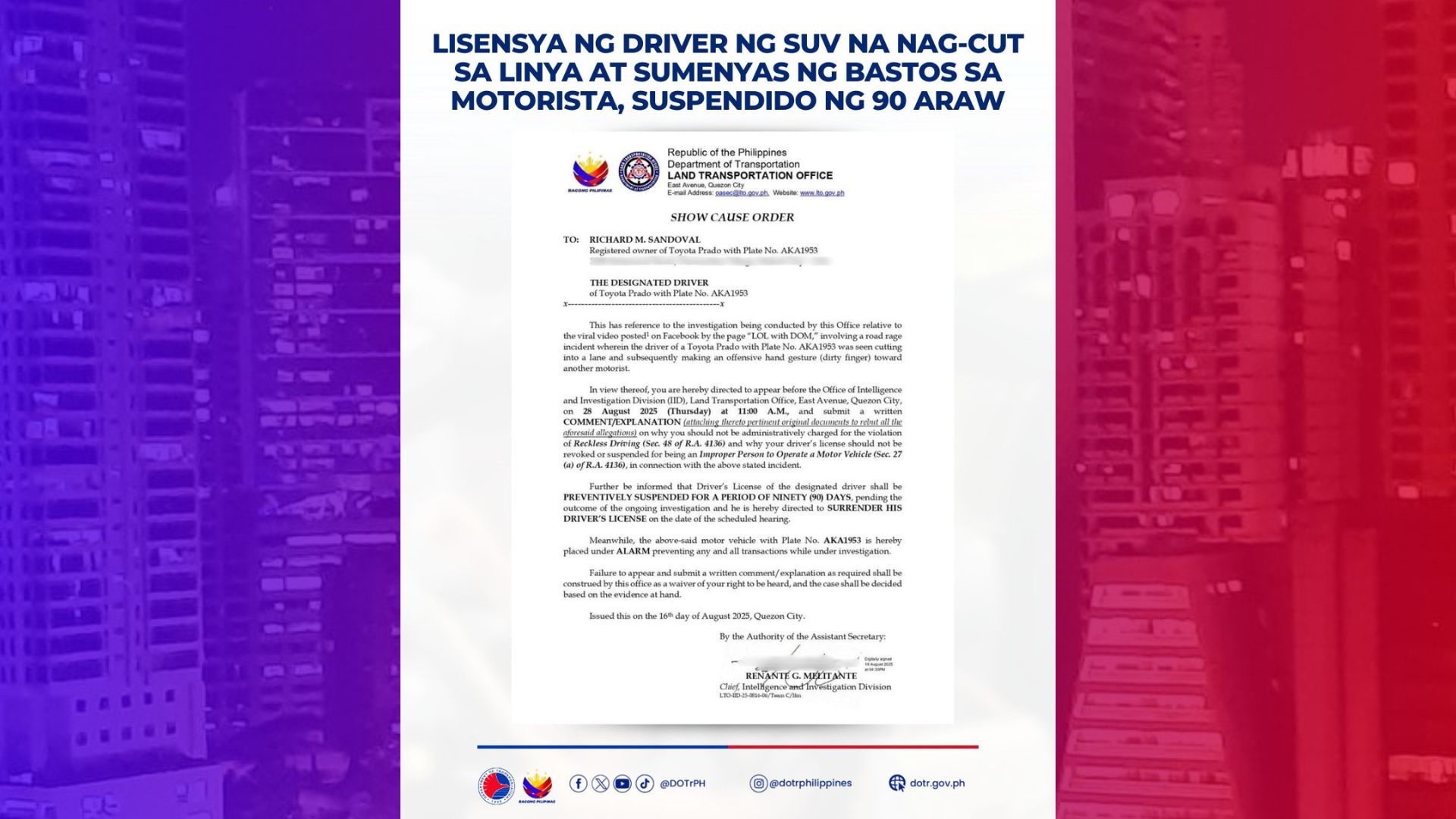 Lisensya ng driver na nag-dirty finger sa siningitang motorista, sinuspinde ng LTO