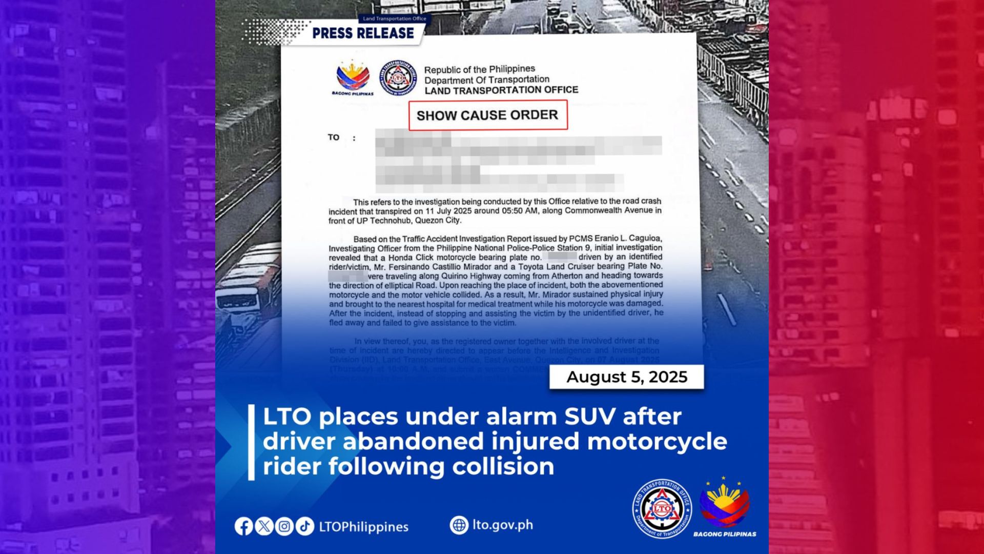 May-ari ng SUV na nakabangga at umabandona sa rider sa QC inisyuhan ng show cause order ng LTO