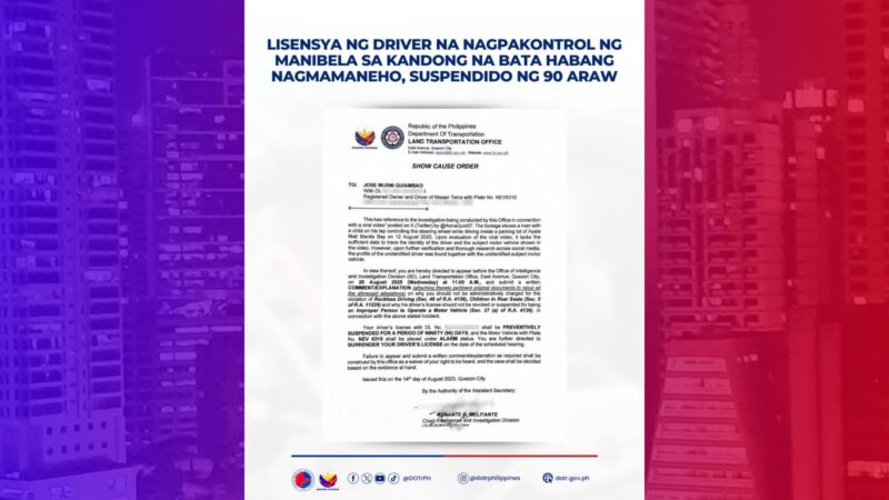 Lisensya ng viral driver na may kandong na bata habang nagmamaneho sinuspinde ng LTO