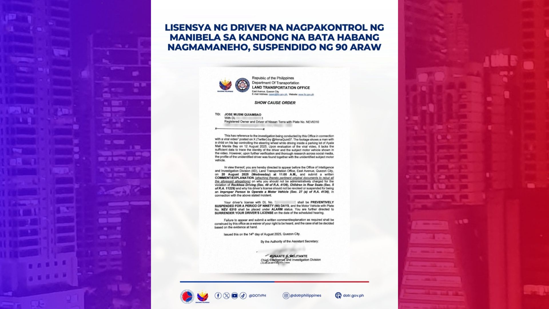 Lisensya ng viral driver na may kandong na bata habang nagmamaneho sinuspinde ng LTO
