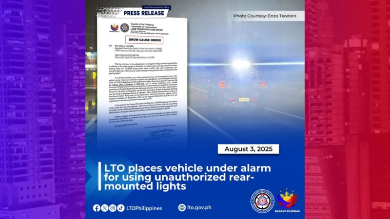 LTO nag-isyu ng show cause order sa may-ari ng SUV na nakitang gumagamit ng Rear-Mounted Lights